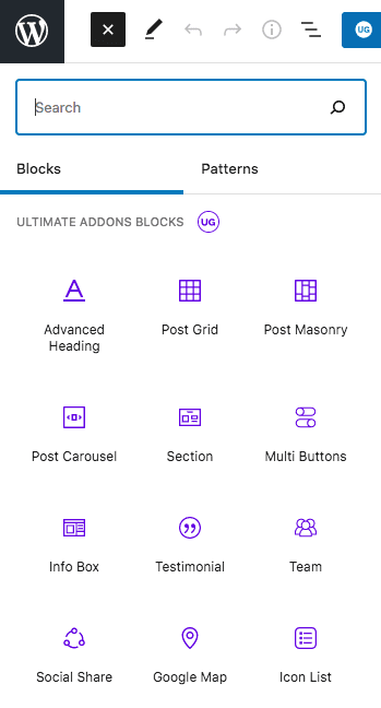 UAG block in gutenberg editor