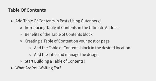 UAG table of contents