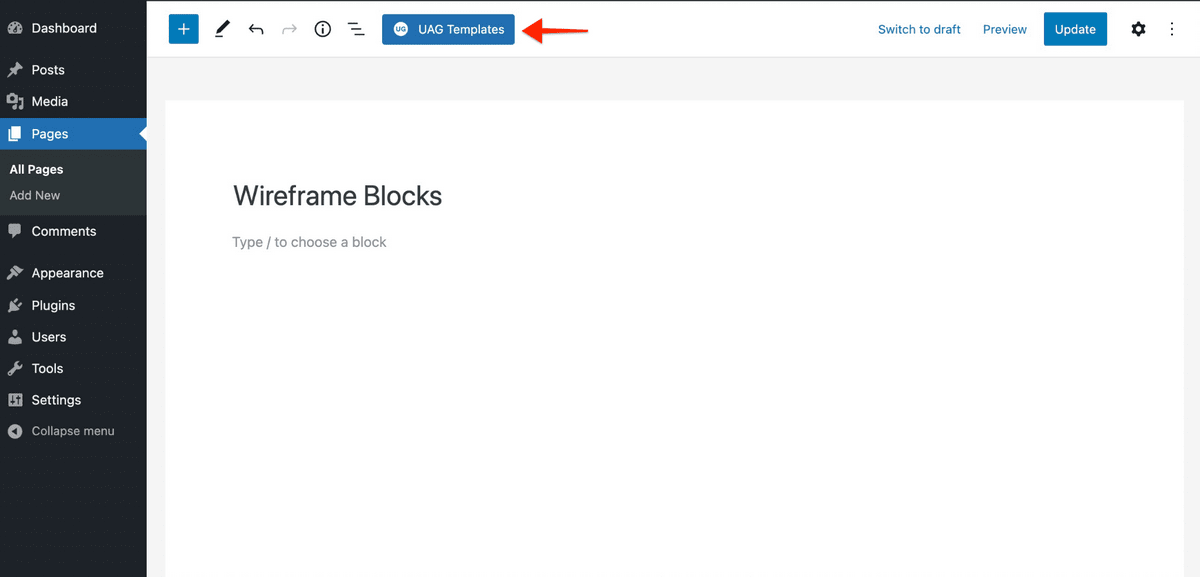 UAG Template button in gutenberg