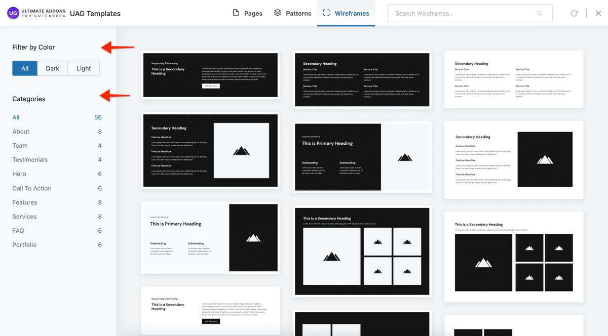 UAG Wireframe block filtering